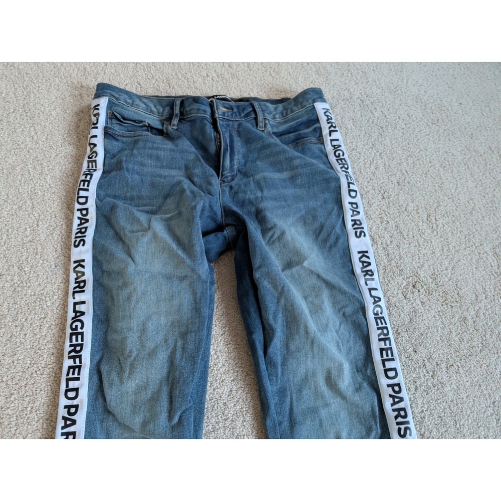 Karl Lagerfeld Blue Denim Side Stripe Straight Leg Pants Womens 12 Logo Tape - Picture 4 of 15